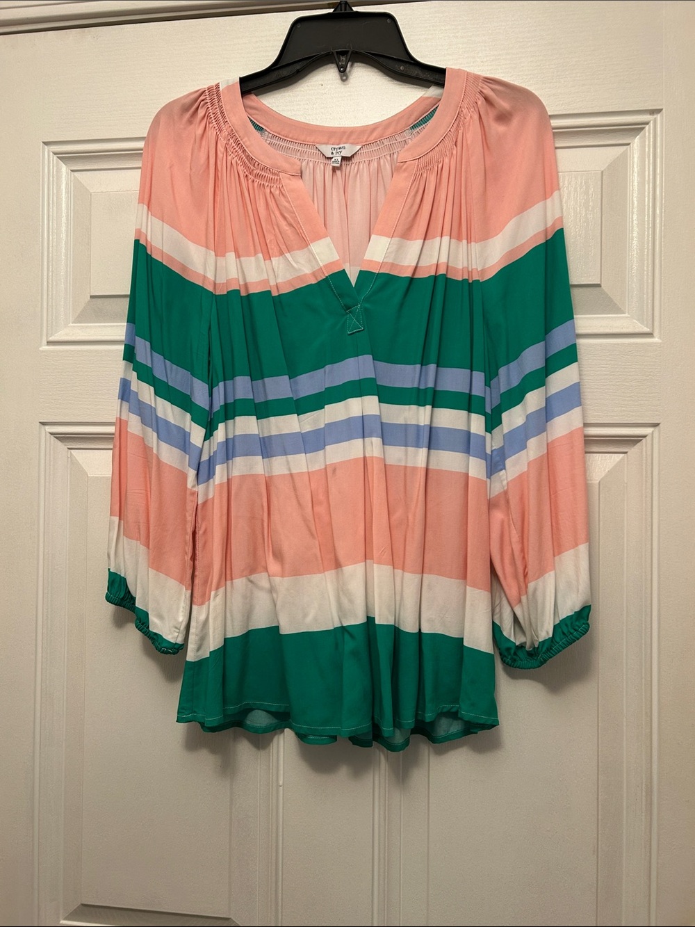 crown & ivy Pink, Green & Blue Striped Peasant Top